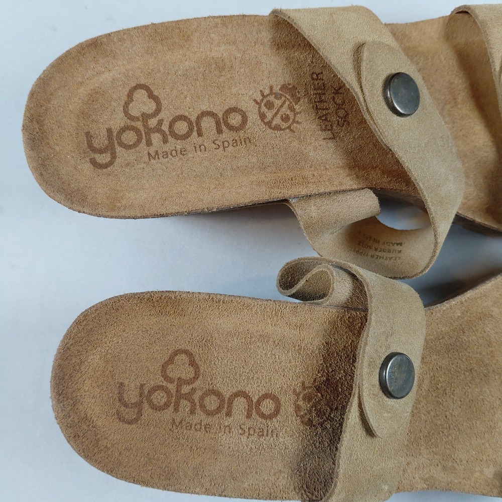 Yokono 9 Suede Double Strap Cork Wedge Heel Slide Sandals Light Brown Tan Spain - Picture 6 of 8